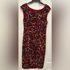 Connected: Red, sleeveless multi-colored pattern dress. Size 12